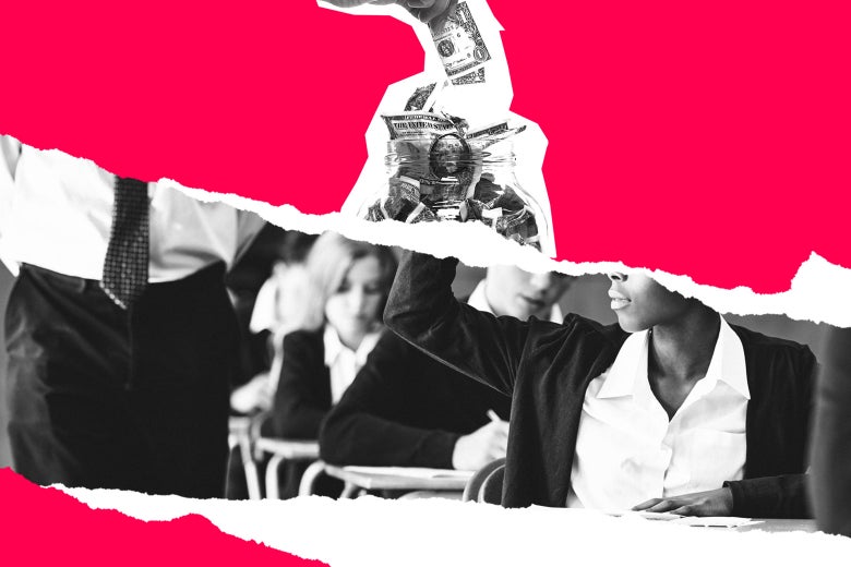 A student raising their hand in a classroom. Money is collaged in background.